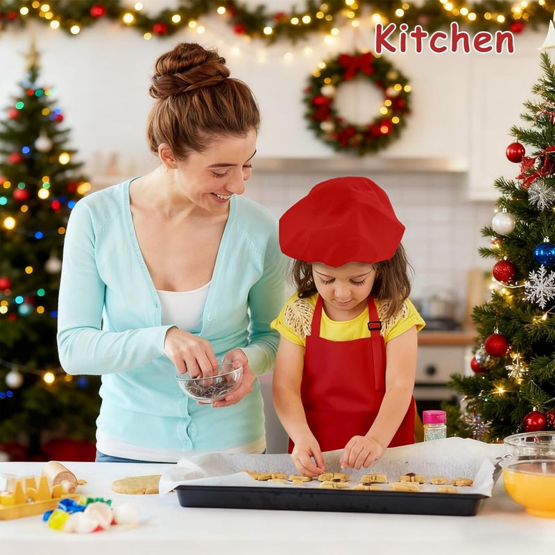 IAGBIBUI Kids Apron and Chef Hat Set, 16 Pieces Boys Girls Christmas Kids Apron with 2 Pockets Adjustable for Cooking Classroom Baking Painting, 6-13 Years(Red, Green) - Image 4